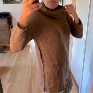 Cowl neck beige cozy tunic sweater with outside/exposed stitching - medium